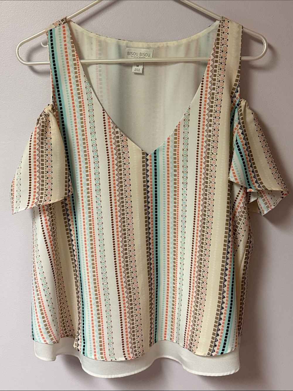 Bisou Bisou Cream and White Multicolor Striped Cold-Shoulder V-Neck Top